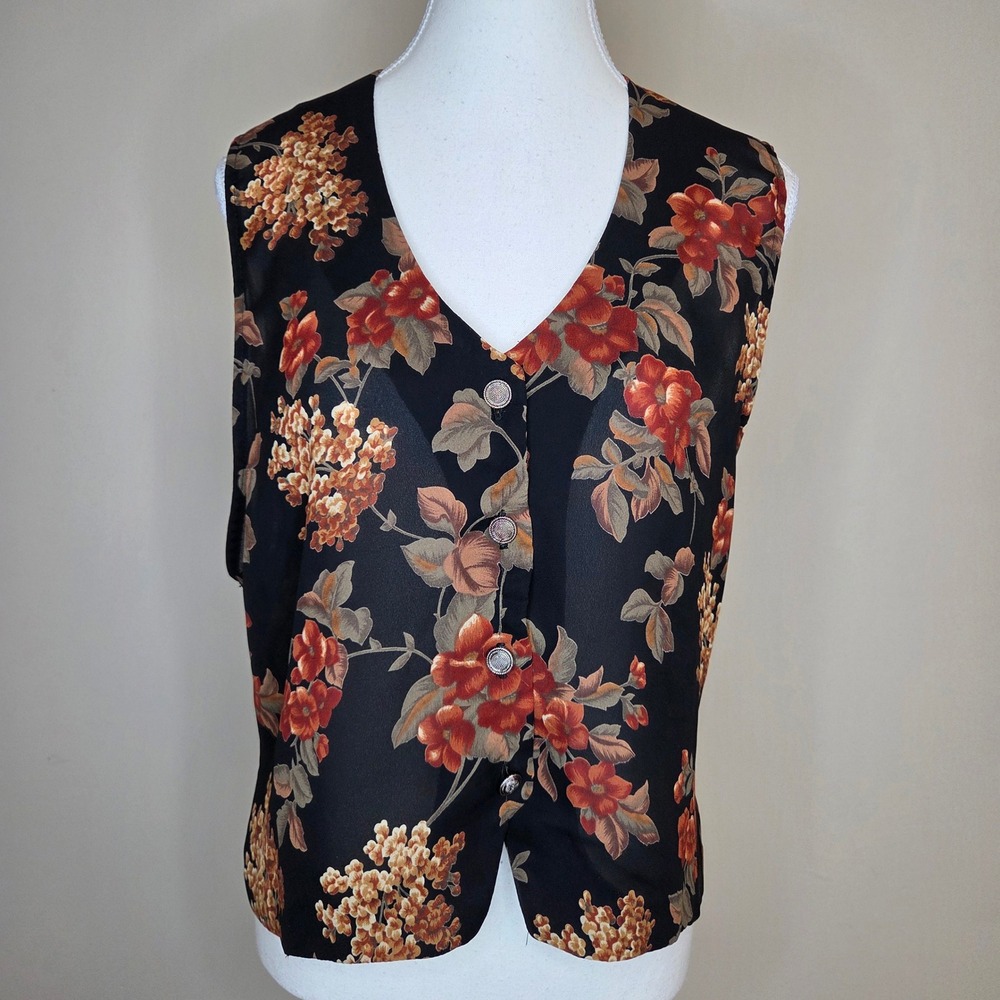 Vintage Floral Button Up Vest Black Orange Women Size 14 USA Made